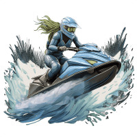 Artwork of a female skier riding through water.