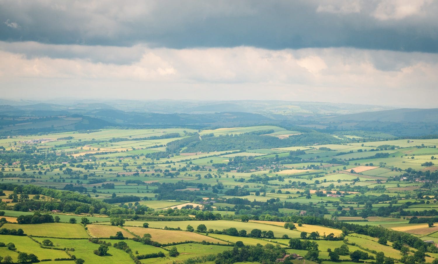 Wide shot of patchwork fields in the English countryside, showing no specific subject.