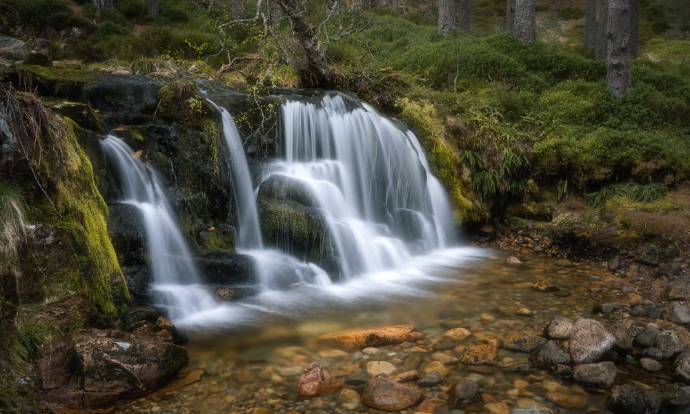 Waterfall in the forest near a stream.